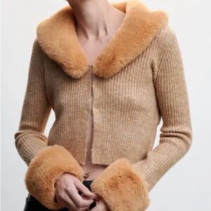 Mango x Camille Cropped Ribbed Cardigan with faux fur collar and cuffs